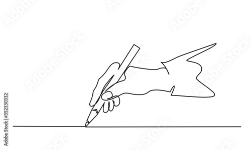 Hand holding pen, pencil and drawing. Continuous one line drawing