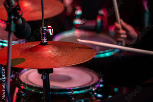 Musical instrument: drum set, artist performs on stage
