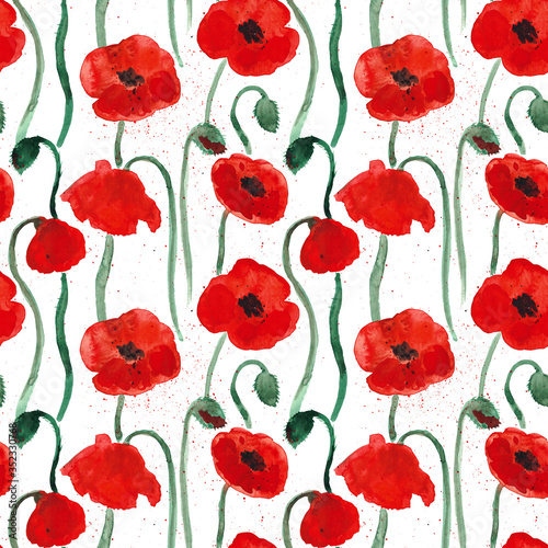 Watercolor seamless pattern with red poppies on a white background