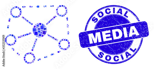 Geometric links mosaic pictogram and Social Media seal stamp. Blue vector rounded grunge seal stamp with Social Media title. Abstract mosaic of links made of circle, tringle, square geometric items.