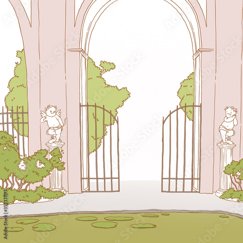 Hand drawn vintage style entrance with gates and cupid statues. Cartoon victorian fence with trees and bushes. Colorful illustration.