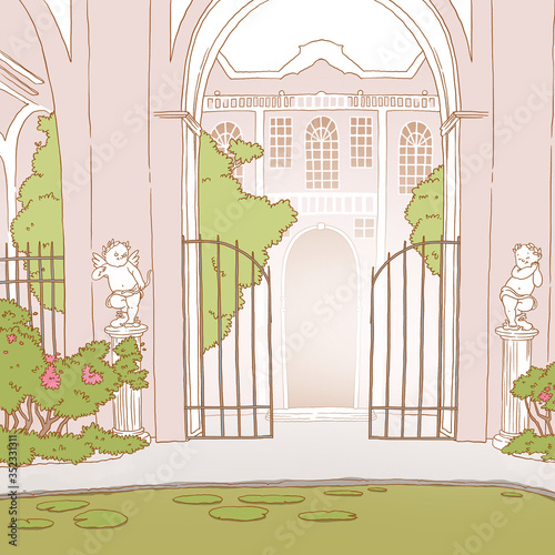 Vintage style cartoon entrance with gates and cupid statues. Rich mansion in background. Victorian yard with trees and bushes. Colorful hand drawn illustration.