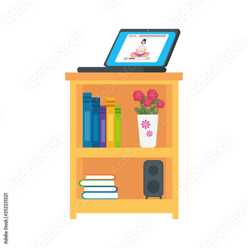 laptop device with application yoga online, healthy lifestyle on wooden drawer vector illustration design