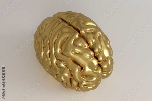 Golden brain with soft shadows on white floor. 