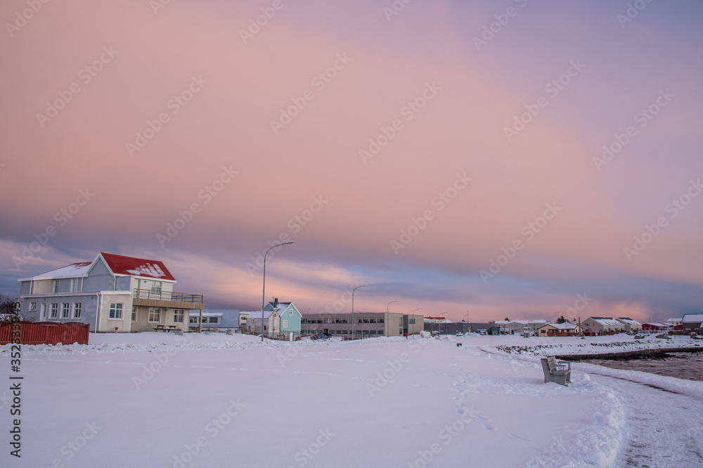 Sunny winter evening in town of Hofn in hornafjordur in Iceland
