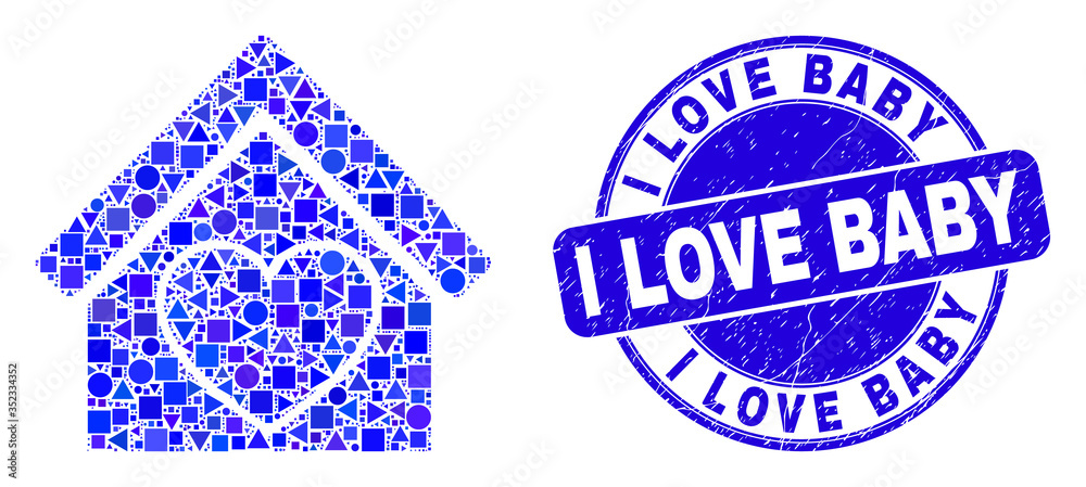 Geometric love house mosaic icon and I Love Baby stamp. Blue vector round textured stamp with I Love Baby message. Abstract mosaic of love house organized of sphere, triangles,