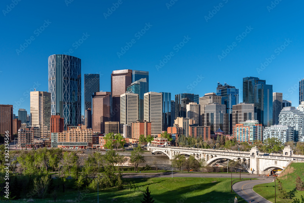 View of Calgary's skyline on a beautiful spring morning. 