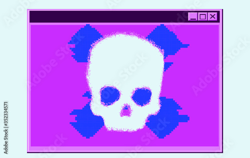 Alert notification on computer in retro pixel art style. Malware caution concept, fraud internet error, insecure risk dangerous connection, online scam, virus ransomware note.