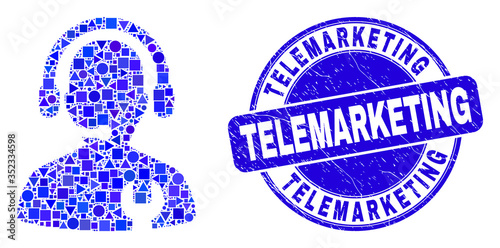 Geometric call center serviceman mosaic pictogram and Telemarketing seal. Blue vector rounded grunge seal with Telemarketing phrase. Abstract mosaic of call center serviceman composed of sphere,