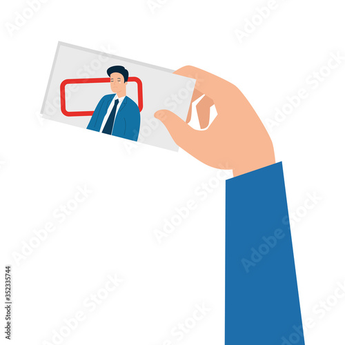 hand with photography of unemployed person vector illustration design