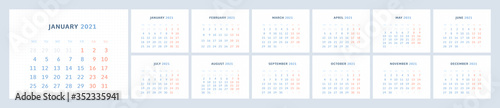 Wall quarterly calendar template for 2021 in a modern minimalist style. Week starts on Monday. Set of 12 months. Corporate Planner Template