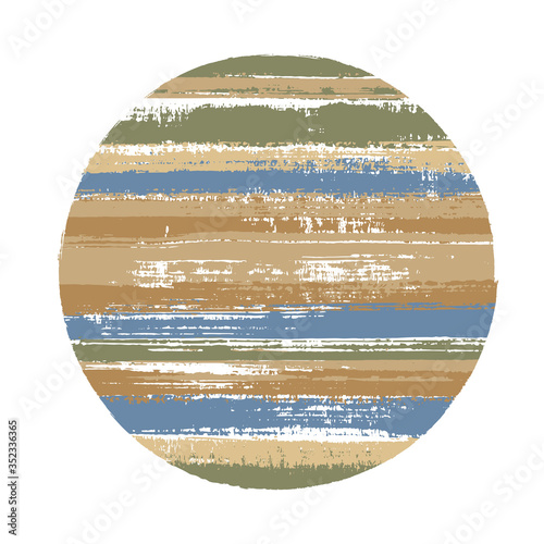 Rough circle vector geometric shape with stripes texture of paint horizontal lines. Old paint texture disk. Stamp round shape circle logo element with grunge stripes background.