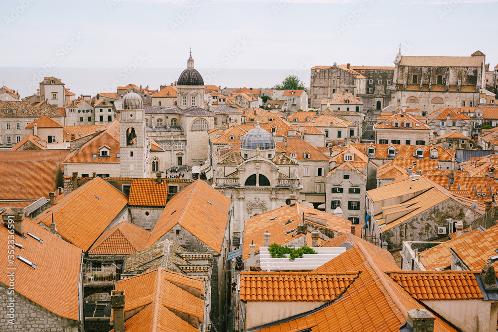 Facade of Vlaha Church, in Dubrovnik, Croatia, Europe. Panoramic view of the city from the city walls.