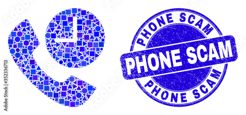 Geometric phone call time mosaic pictogram and Phone Scam seal stamp. Blue vector round textured seal stamp with Phone Scam caption. Abstract mosaic of phone call time designed of sphere, triangles,
