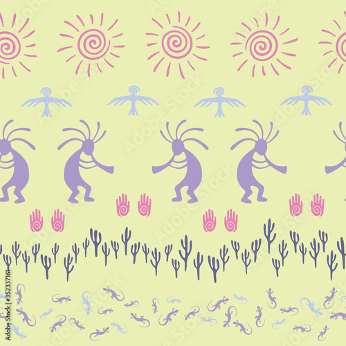 Mythical  design with gecko  Kokopelli fertility god  sun  bird  cacti.