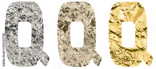 Isolated Font English or Latin Letter Q made of crumpled titanium, silver, gold foil on white background