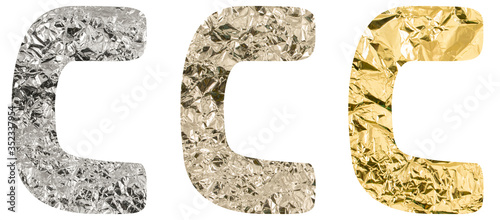 Isolated Font English or Latin or Russian letter C made of crumpled titanium, silver, gold foil on white background