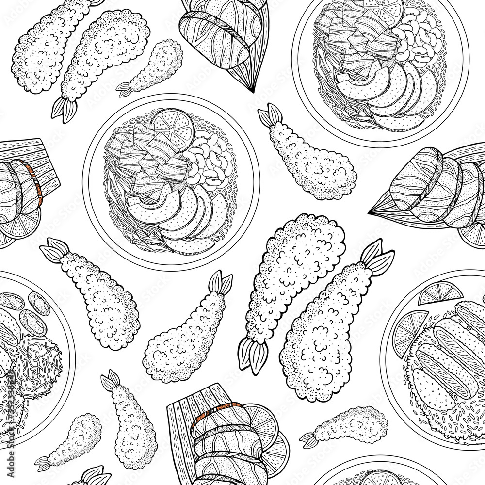 Beautiful japanese food, great design for any purposes. Doodle line drawing vector seamless pattern. Trendy menu texture. Sketch drawing. Japanese and asian food background. Business concept