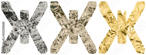 Isolated Font Russian Letter made of crumpled titanium, silver, gold foil on white background