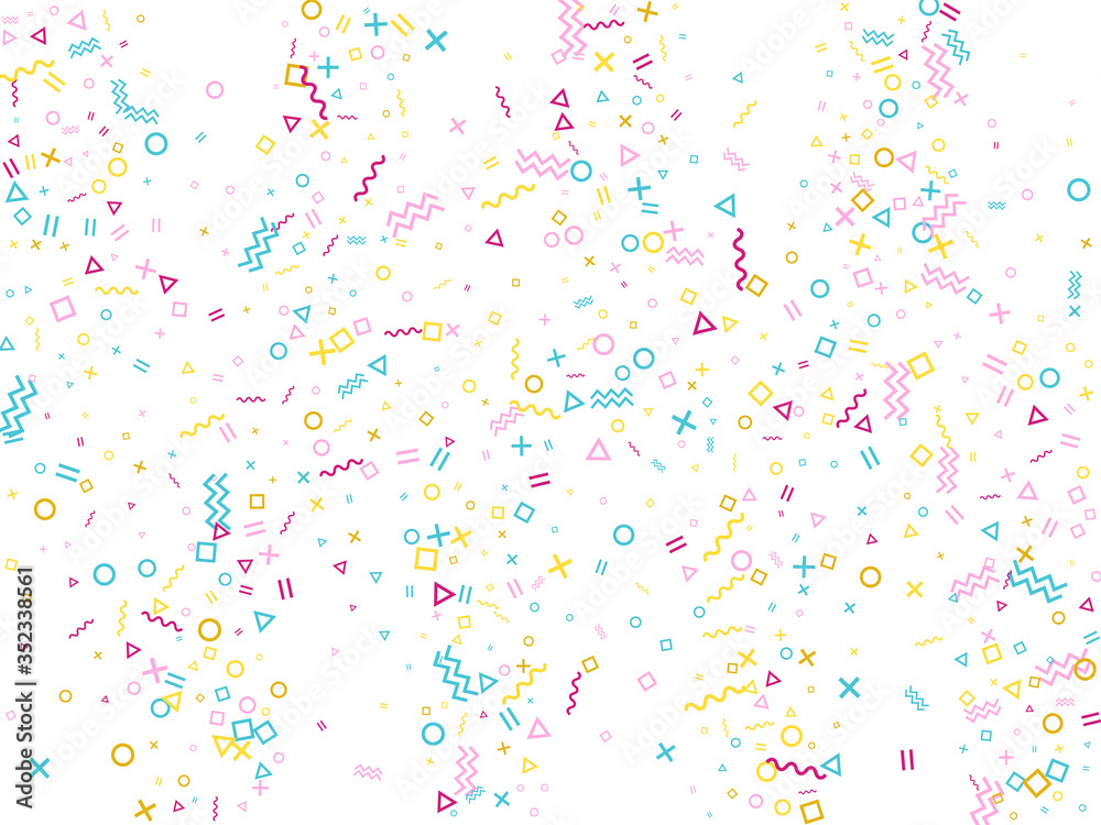 Cool 90s style bauhaus pink cyan yellow party confetti falling on white. Cool 90s style bauhaus pink cyan yellow party confetti falling on white.