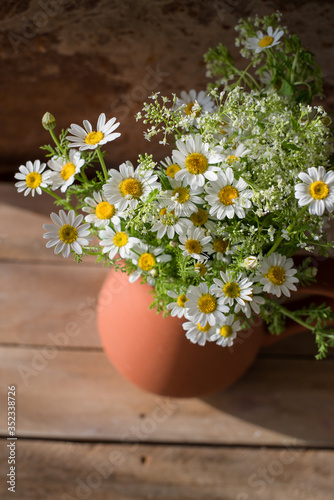 Wild seasonal daisies in a rustic vase 