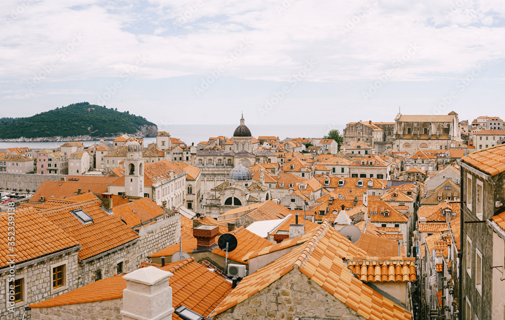 Facade of Vlaha Church, in Dubrovnik, Croatia, Europe. Panoramic view of the city from the city walls.
