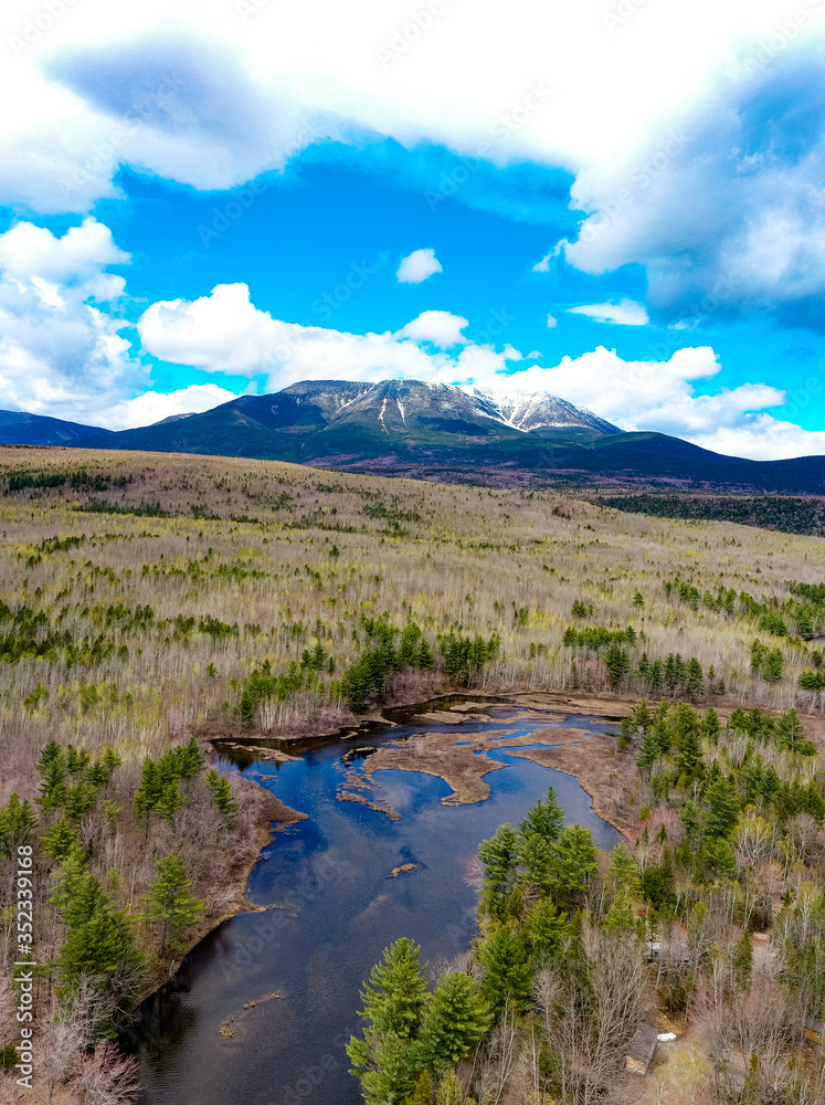 Mt. Katahdin Maine in spring time snow capped mountain