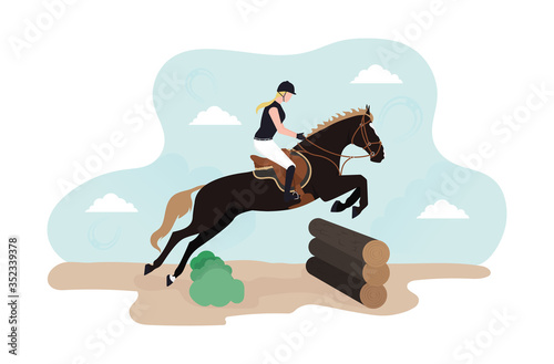 Illustration of horse cross. Equestrian Eventing. Illustration of a horse with a rider jumping over the barrier from the wooden log cabins. A horseman on a horse jumps over an obstacle against a cloud