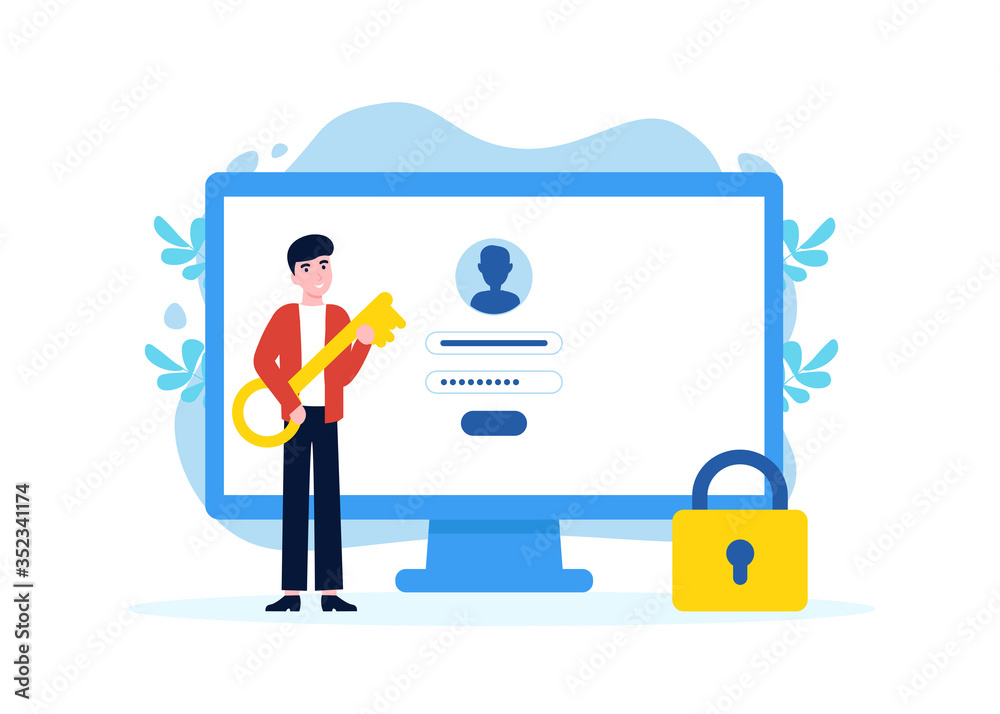 Man with key near computer and account login and password. Vector male character design concept for landing page, web, poster, banner, layout, template. Flat illustration. Man with key near computer and account login and password. Vector male character design concept for landing page, web, poster, banner, layout, template. Flat illustration.