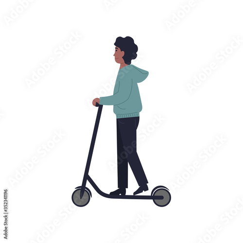 Stylish young guy ride on an electric motorized kick scooter. Flat vector cartoon modern illustration.