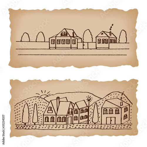 Urban city landscape with buildings, trees, streets, mountains, nature and cityscape. Set of vector illustration imitating sketchy hand drawn illustration on a piece of old paper