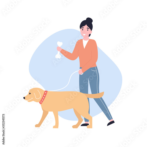 Happy young girl walking with a dog. Flat vector modern cartoon illustration.