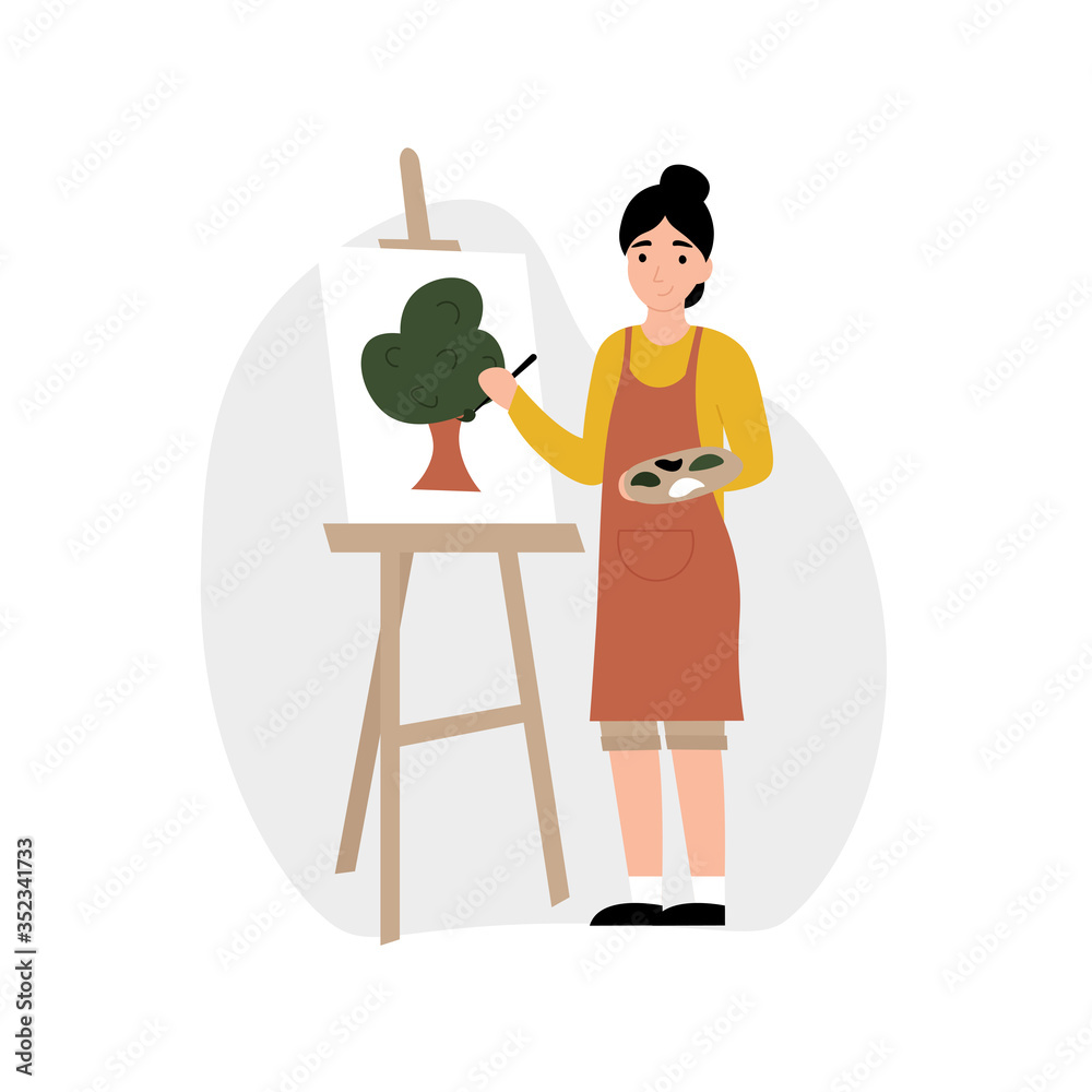 Hobby concept. Girl paints on an easel. Flat vector cartoon modern illustration.