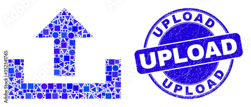 Geometric upload mosaic icon and Upload seal stamp. Blue vector round grunge seal stamp with Upload title. Abstract collage of upload done of sphere, triangles, square geometric elements.