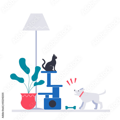 Fotografie Puppy barks at the cat. Flat vector modern illustration.