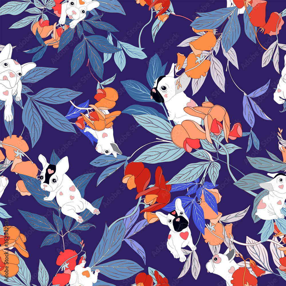 Obraz premium French Bulldog Tropical Seamless Vector Pattern