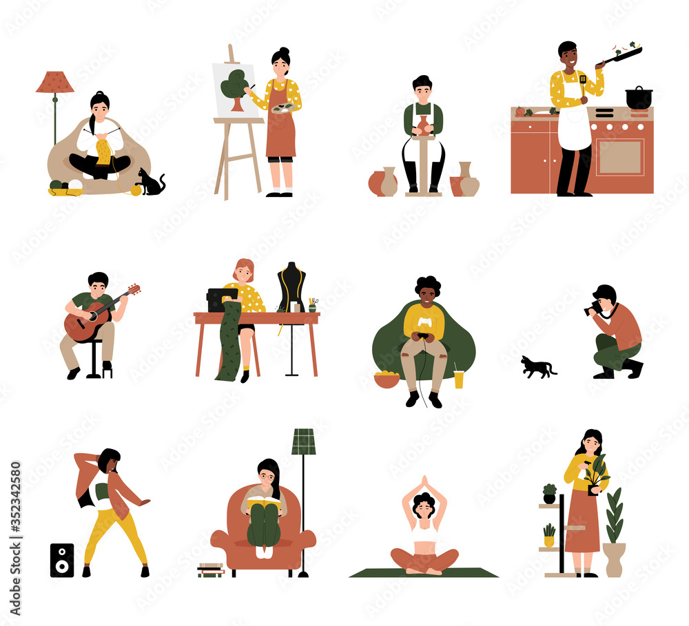 Naklejka premium Set people enjoy their favorite hobbies. Flat vector cartoon modern illustration. Knitting, drawing, potter, cooking, play guitar, sewing, play console, photograph, dancing, reading, yoga, gardening.