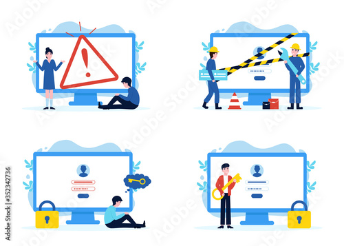 Set website pages, error 404 disconnect, construction and under maintenance, forgot password, enter password and enter. Flat vector modern illustration for banner, poster, app, template, layout, page.