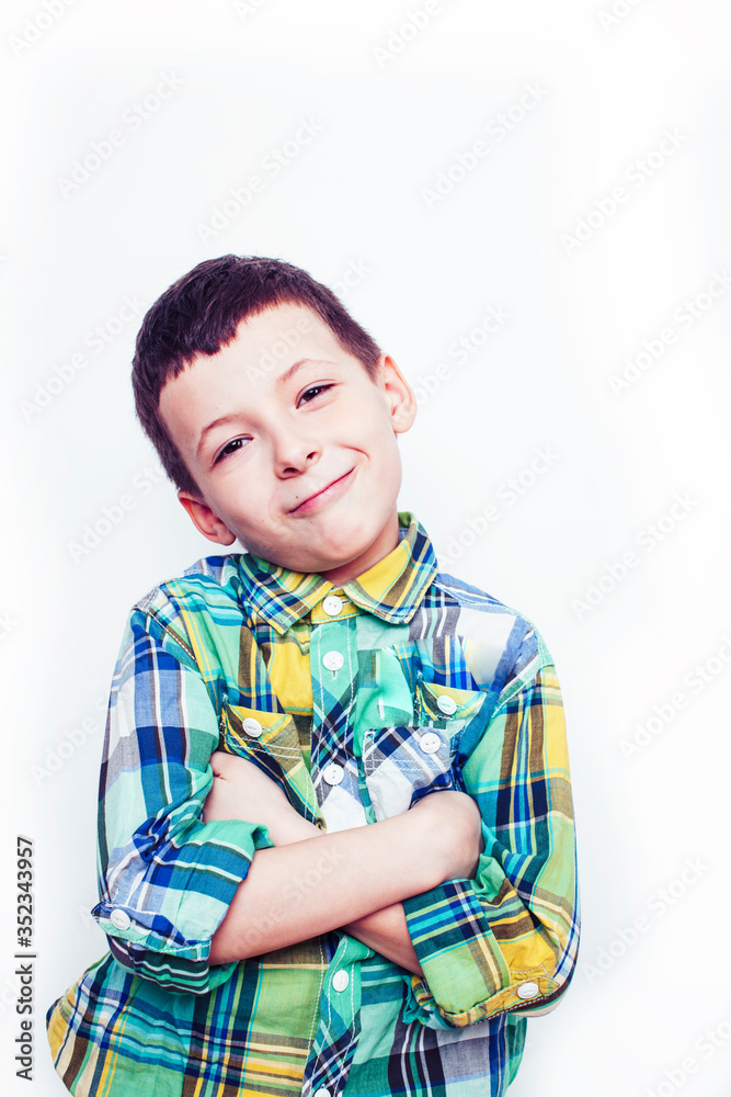 little cute real boy on white background gesture smiling close up, lifestyle people concept little cute real boy on white background gesture smiling close up, lifestyle people concept