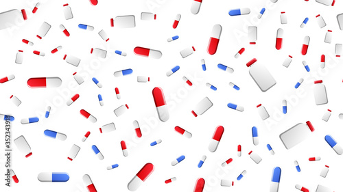 Endless seamless pattern of medical scientific medical items of pharmacological jars for pills and medicine pills capsules on a white background. Vector illustration
