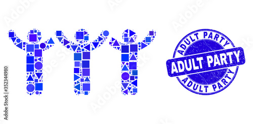 Geometric dancing people mosaic icon and Adult Party seal. Blue vector round distress seal with Adult Party phrase. Abstract mosaic of dancing people organized of round, tringle,