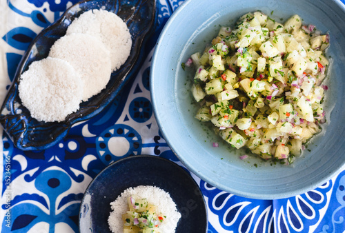 Ceviche with Tapioca on a blue and white background