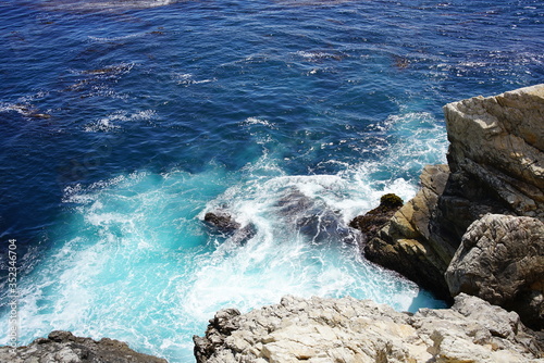Ocean water crashing against rocks