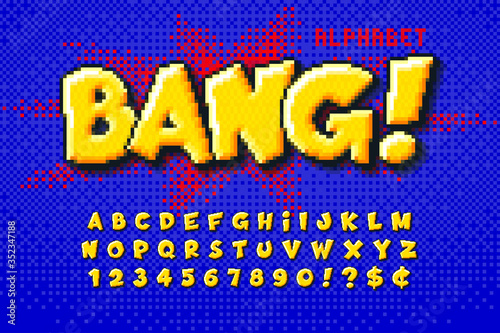 Pixel vector alphabet design, stylized like in 8-bit games.