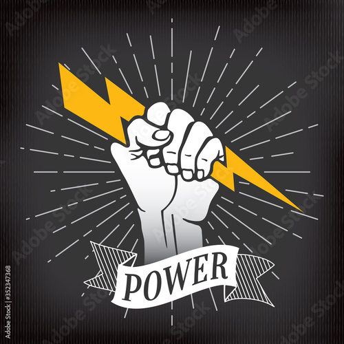 Power Inverted Logo Lettering with Raised Hand or Fist Holding and Gripping Lightning Bolt over Rays Circle Symbolizing Super Human Strength - White on Black Background - Hand Drawn Design