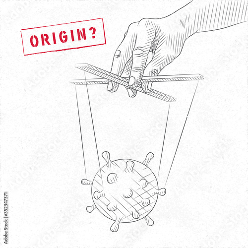 Coronavirus Bacteria Controlled by Sketch Style Hand with Puppet Strings Conspiracy Concept About Covid-19 Laboratory or Animal Origin - Black on White Background - Hand Drawn Graphic Design