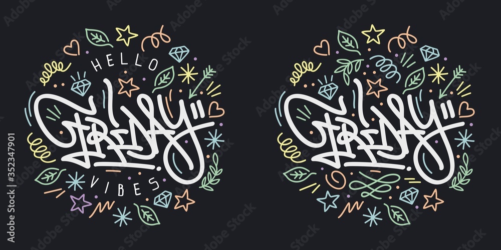 Hand Sketched Hello Friday Vibes Vector Typograpy As Logotype, Badge and Icon, Postcard, Card, Invitation, Flyer, Banner Template.