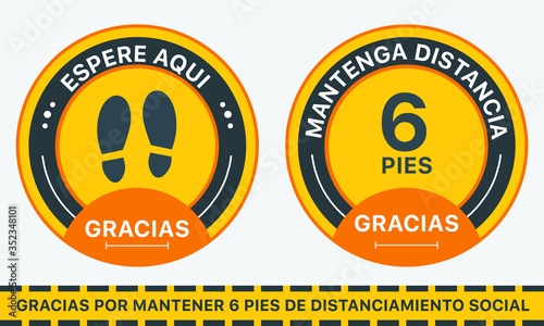 Pegatinas de piso redondas con textos: mantén la distancia. Gracias por mantener la distancia de 6 pies. Para evitar la infección por coronavirus, covid-19. Las pegatinas son necesarias donde hay much