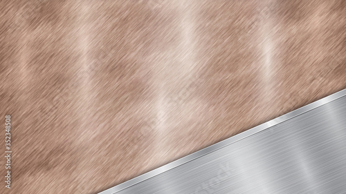 Background consisting of a bronze shiny metallic surface and one polished silver plate located in corner, with a metal texture, glares and burnished edge