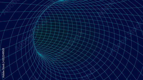 Blue wireframe vector tunnel. 3d wormhole dark illustration.